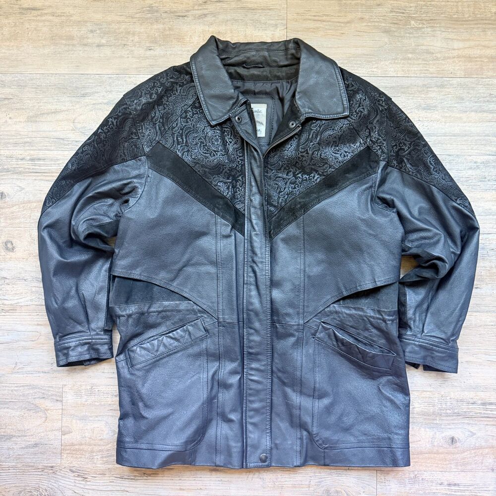 Vintage 80s 90s Black Leather Jacket Paisley Western Motorcycle Coat Medium